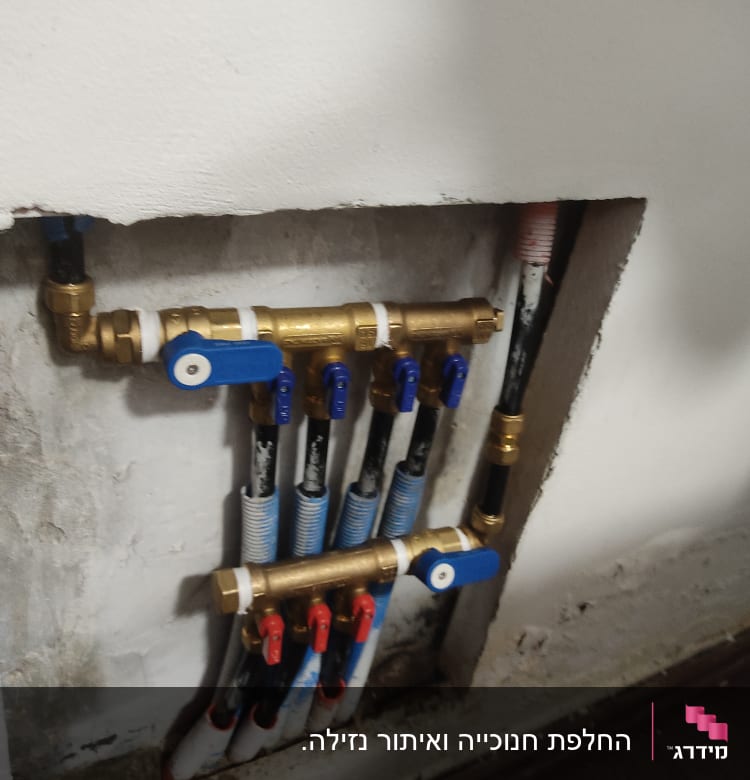 צינורות מים עם ברזים כחולים ואדומים בקיר